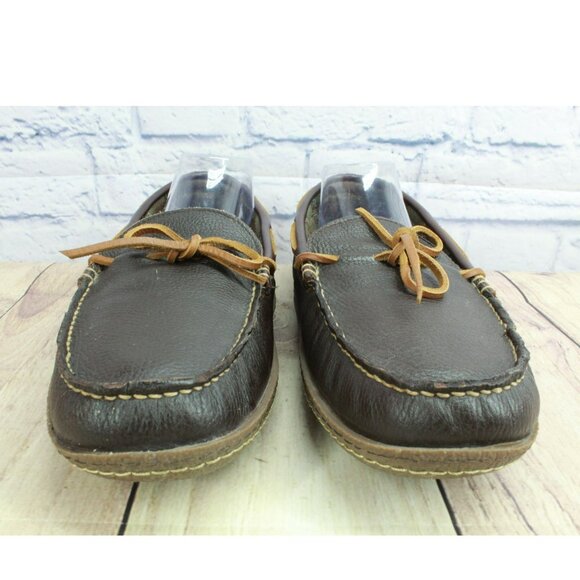 LL Bean Brown Leather Flannel Lined Handsewn Moccasin Slippers Size 13 M - Picture 4 of 9